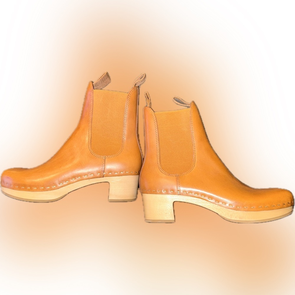 NWOB Loeffler Randall Annabelle Tan Leather Chelsea Boots Wood Clog Block Heel 7 - Picture 8 of 12